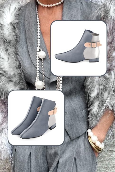 Women's mouse grey, silver and powder pink dress ankle boots, with buckles at the back. Square toe. Flat flare heels - Top view